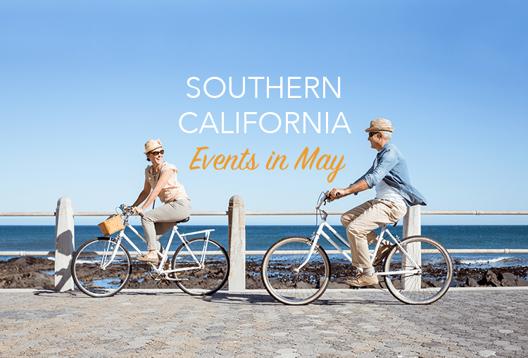 Man and woman riding bikes along the ocean with title "Southern California Events in May"