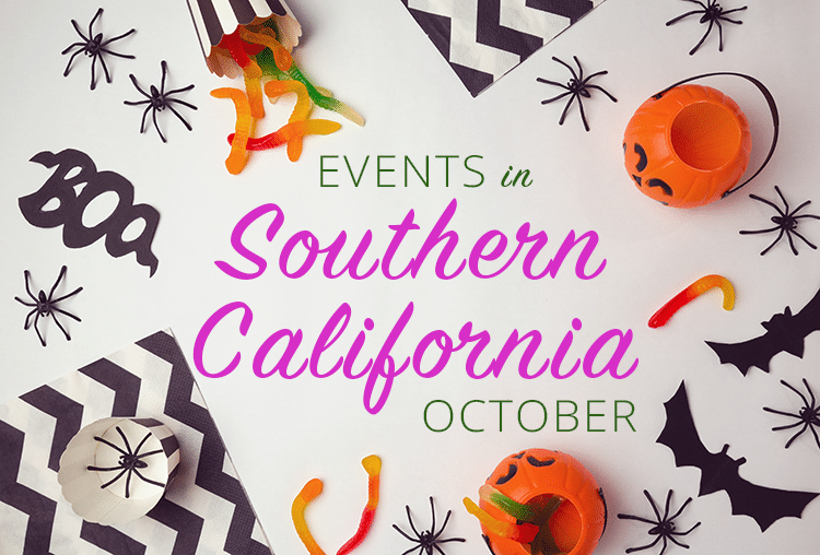 Title on image reads Events in Southern California October, surrounded by Halloween candy and decor