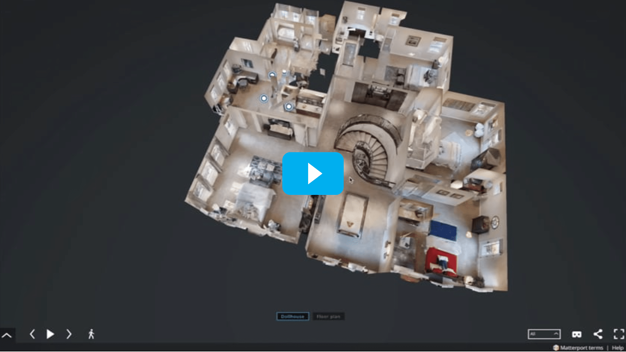 Dollhouse View Of 3D Matterport Tour With Blue Play Button Over House Image On Black Background