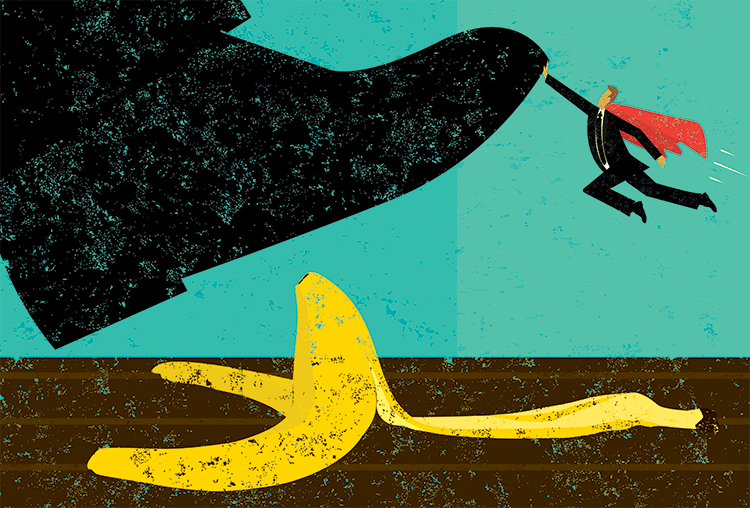 animated photo of shoe stepping on banana and small super hero lifting up shoe