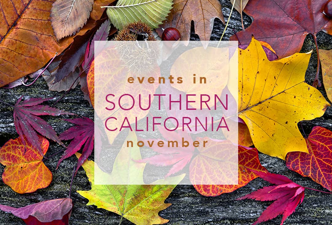 mulicolored fall leaves on a wood background with the title "Events in Southern California November"