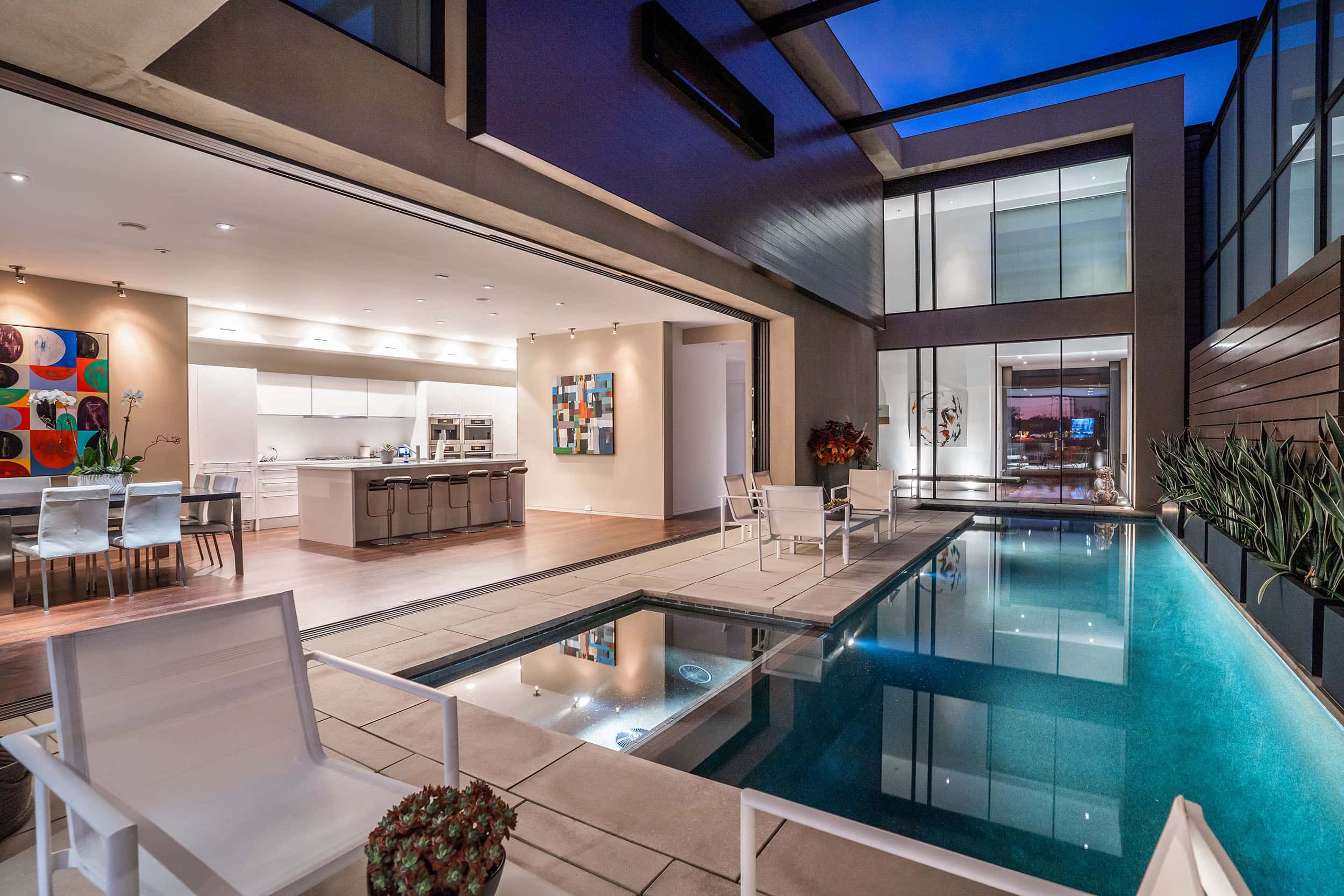 Interior Courtyard With Pool And Open Concept Living Space.