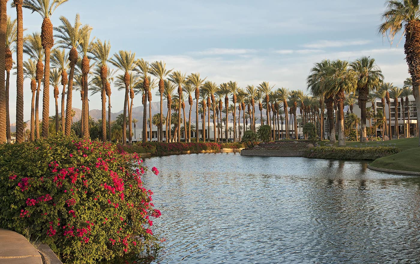 Palm Springs landscape with man-made lake and palm trees