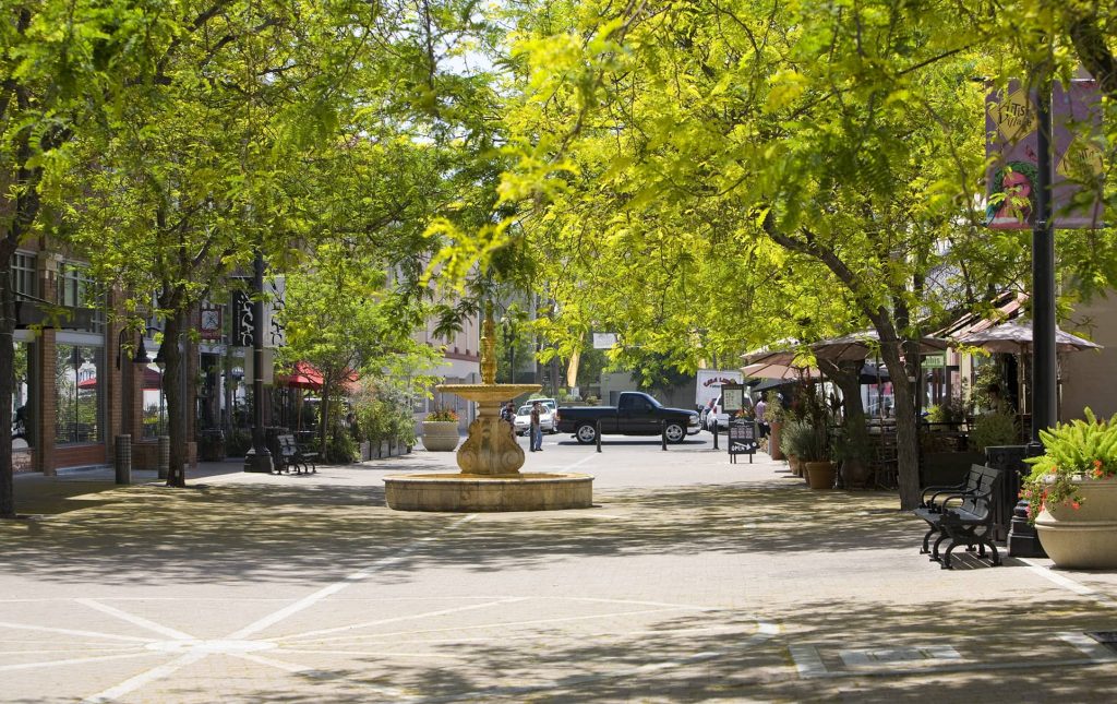 Downtown Santa Ana Street With Trees And Fountain