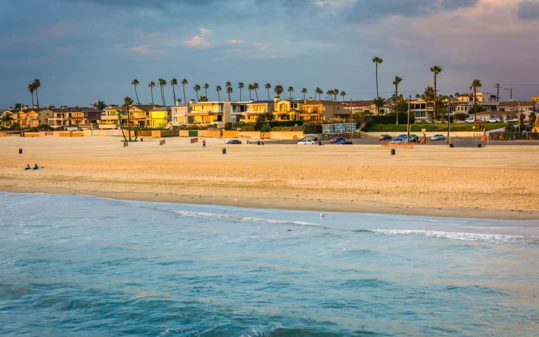 View of ocean, sand, and homes for sale in Seal Beach CA 90740
