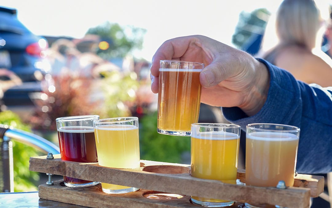 Beer taster flight at outdoor brewery