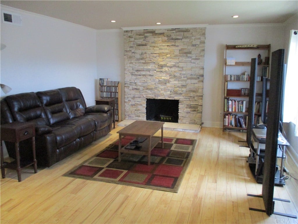 Living Room Interior With Stacked Stone Fireplace, Tustin Ca