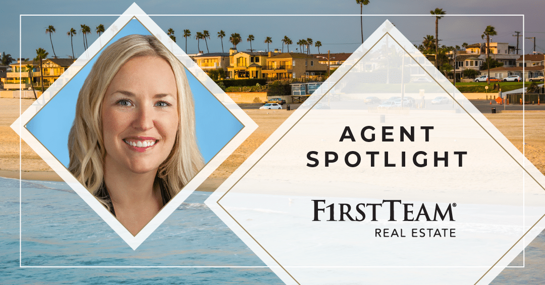 Photo of Kate Olivas over Seal Beach shoreline with homes and palm trees. Title reads "Agent Spotlight" with FirstTeam Real Estate logo