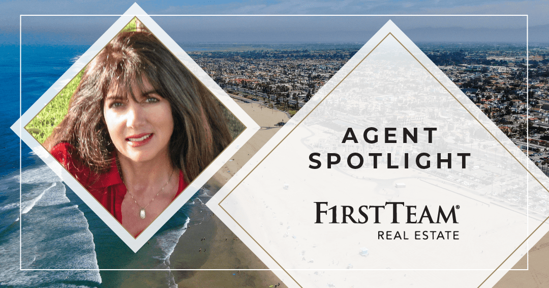 Photo of Eva Riddle over Huntington Beach shoreline with homes and palm trees. Title reads "Agent Spotlight" with FirstTeam Real Estate logo