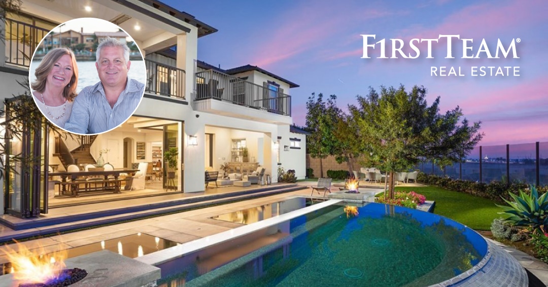 Tim and Karen Branoff with FirstTeam logo over image of modern open concept home with pool
