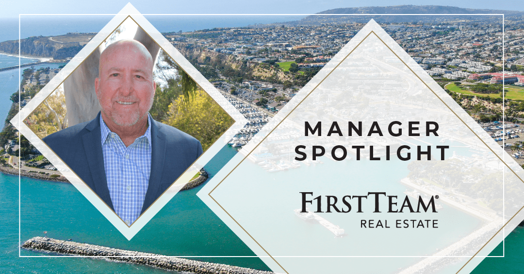 Mark Kojac, title "Manager Spotlight" with FirstTeam Real Estate logo over image of Dana Point Harbor