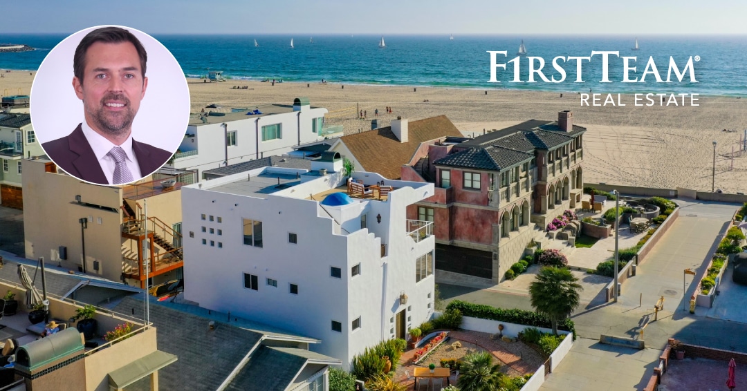 Aerial view of 20 4th St, Hermosa Beach with headshot of listing agent Matt Tilley and First Team logo
