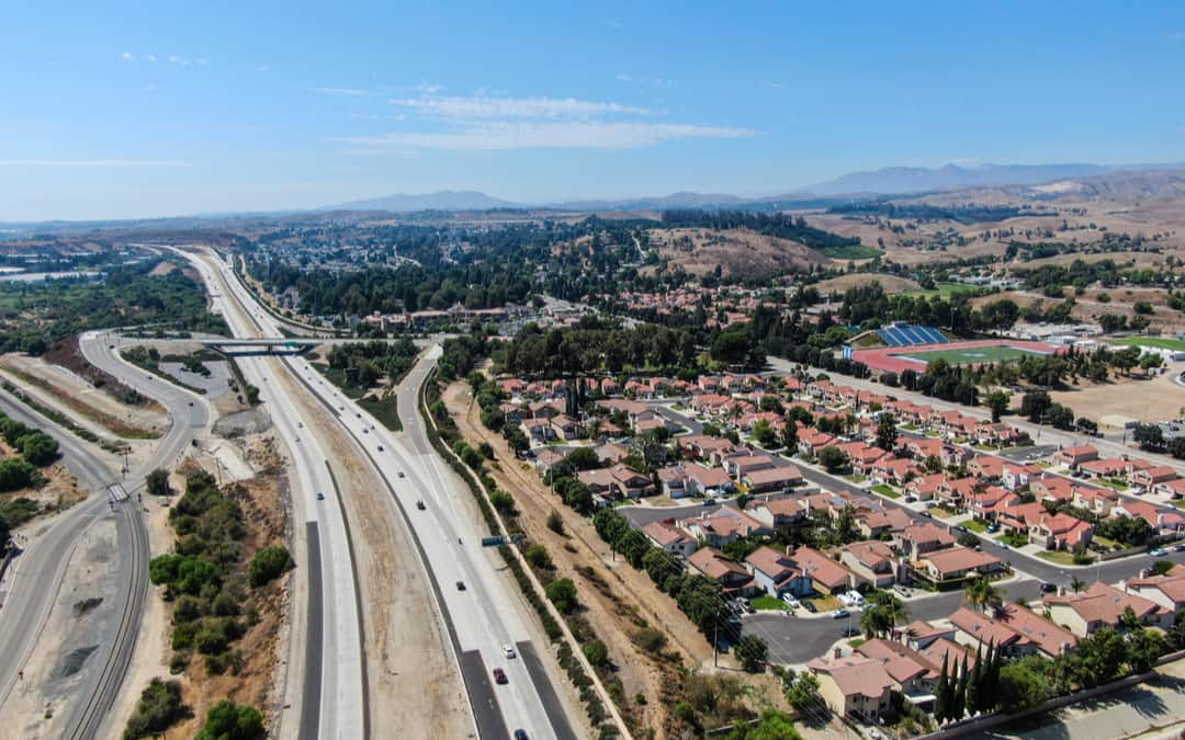 Aerial view of highway crossing the little town Moorpark. Ventura County, California