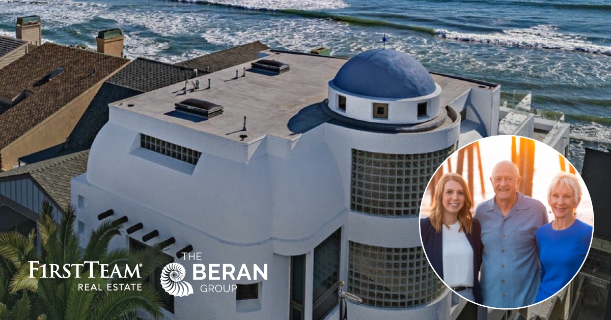 Aerial view of 1213 S Pacific St in Oceanside with First Team Logo, Beran Group logo, and agent photo